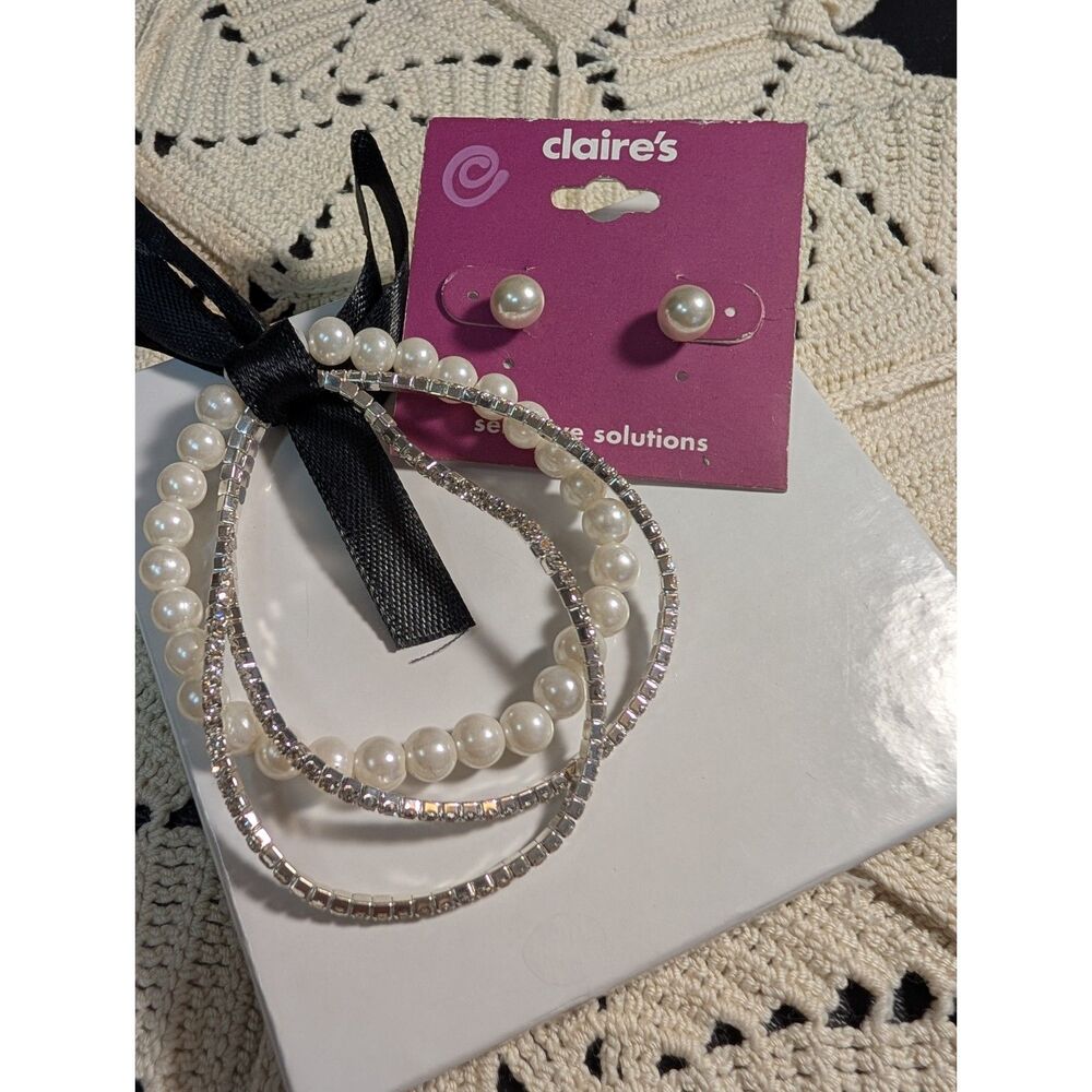 Claire's Faux Pearl & Rhinestone Jewelry Set - Stud Earrings & Stacked Bracelet